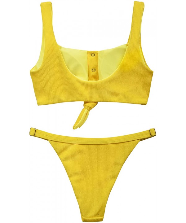 Women's Two Pieces Bikini Set Scoop Neck Tank Top Thong Bikini Bottom Cheeky High Waisted Swimsuit - Yellow - CS18TY7NYSO $16...