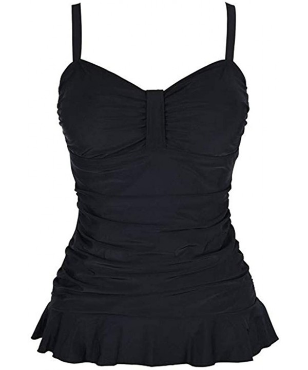 Women's Swim Top Padded Ruffle Hem Shirred Swimwear Tummy Conceal Tankini Swimsuit Flowy Top - Black - CN18S94WALS $18.92-Racing