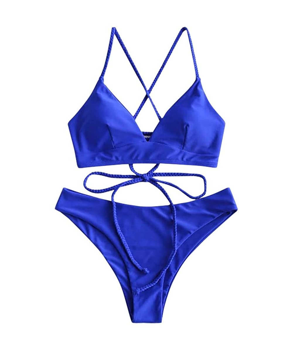 Women's Bikini Set 2 Piece Swimsuit Solid Back Lace-up Push-Up Bikini Top Cheeky Thong Swimwear Beachwear - Blue - CV196RH4EE...