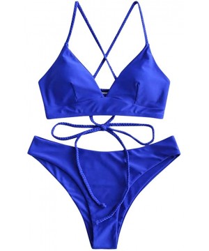 Women's Bikini Set 2 Piece Swimsuit Solid Back Lace-up Push-Up Bikini Top Cheeky Thong Swimwear Beachwear - Blue - CV196RH4EE...