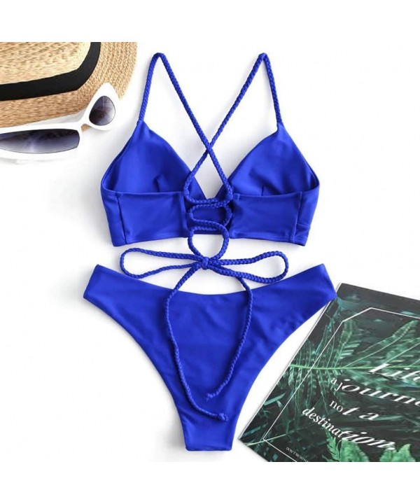 Women's Bikini Set 2 Piece Swimsuit Solid Back Lace-up Push-Up Bikini Top Cheeky Thong Swimwear Beachwear - Blue - CV196RH4EE...