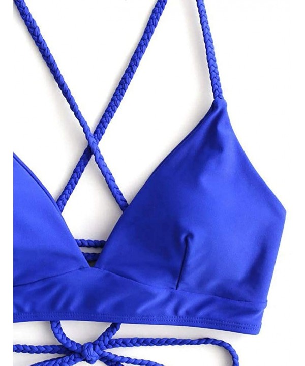 Women's Bikini Set 2 Piece Swimsuit Solid Back Lace-up Push-Up Bikini Top Cheeky Thong Swimwear Beachwear - Blue - CV196RH4EE...