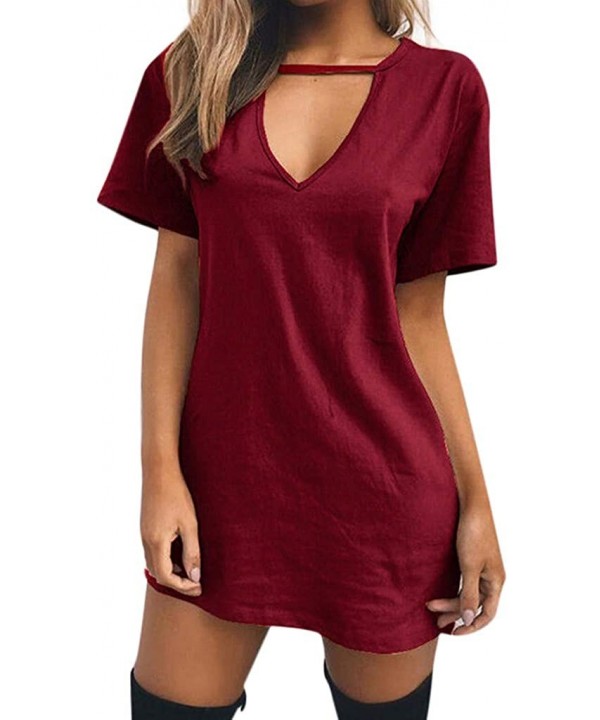 Evening Dresses Sexy Casual Loose Mini Dress Short Sleeve Jumper Baggy Party Dress Choker Strap V Neck Dress Wine - CC18TTAYE...