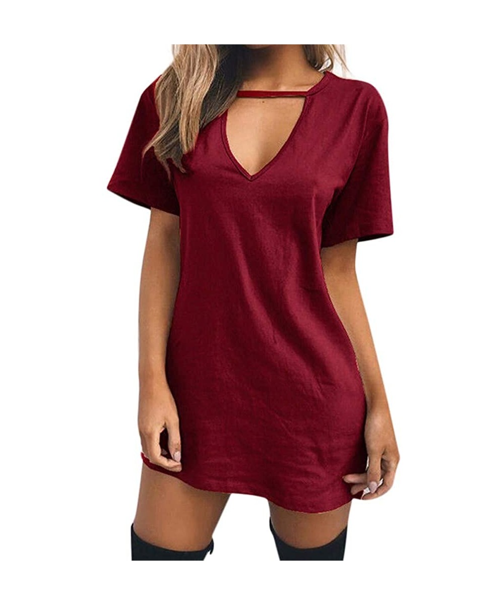 Evening Dresses Sexy Casual Loose Mini Dress Short Sleeve Jumper Baggy Party Dress Choker Strap V Neck Dress Wine - CC18TTAYE...