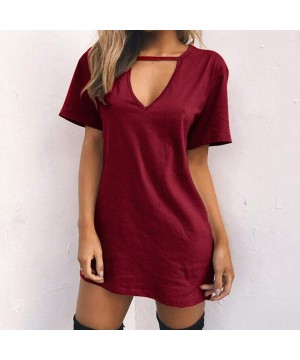 Evening Dresses Sexy Casual Loose Mini Dress Short Sleeve Jumper Baggy Party Dress Choker Strap V Neck Dress Wine - CC18TTAYE...