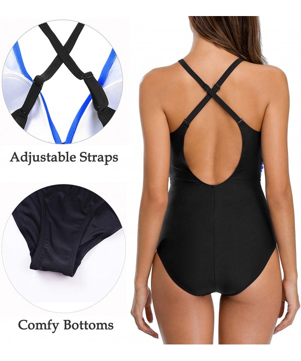 Women's V Neck One Piece Plunge Swimsuit Tummy Control Bathing Suit Slimming - Black-blue - CU194GD8MRN $19.91-One-Pieces