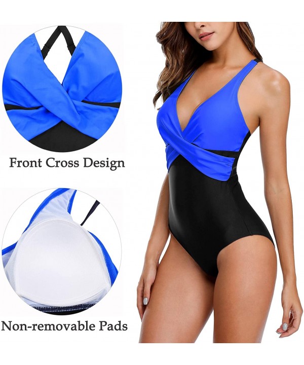 Women's V Neck One Piece Plunge Swimsuit Tummy Control Bathing Suit Slimming - Black-blue - CU194GD8MRN $19.91-One-Pieces