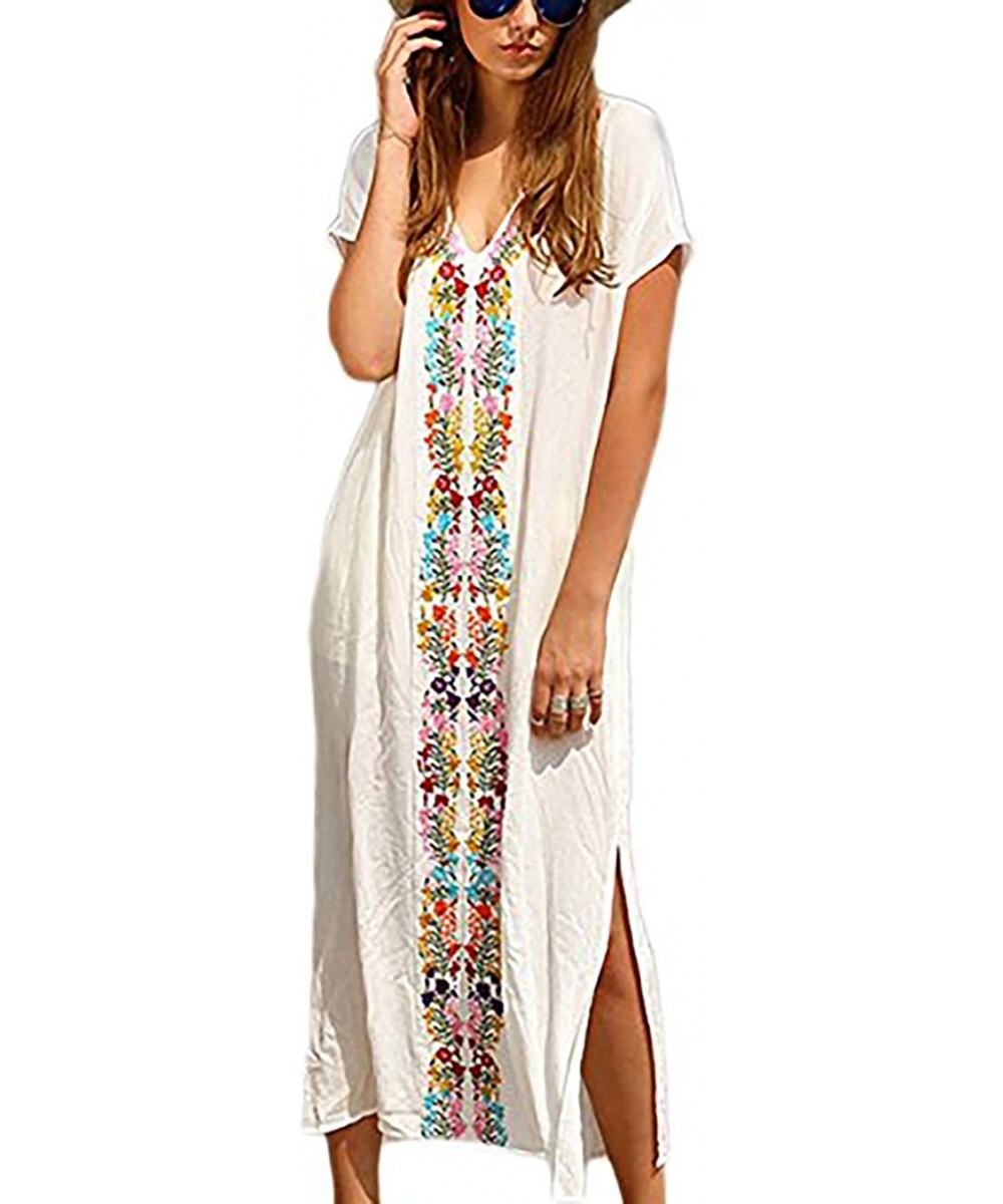 Women Casual Embroidered Bikini Swimsuit Cover Up Holiday Beach Long Dresses - White - CV1935YZD0L $16.83-Cover-Ups