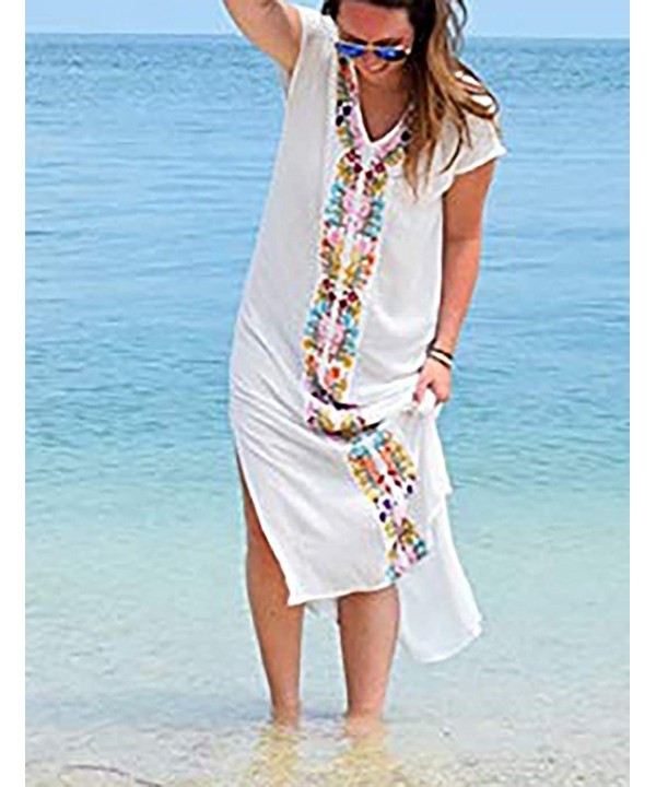 Women Casual Embroidered Bikini Swimsuit Cover Up Holiday Beach Long Dresses - White - CV1935YZD0L $16.83-Cover-Ups