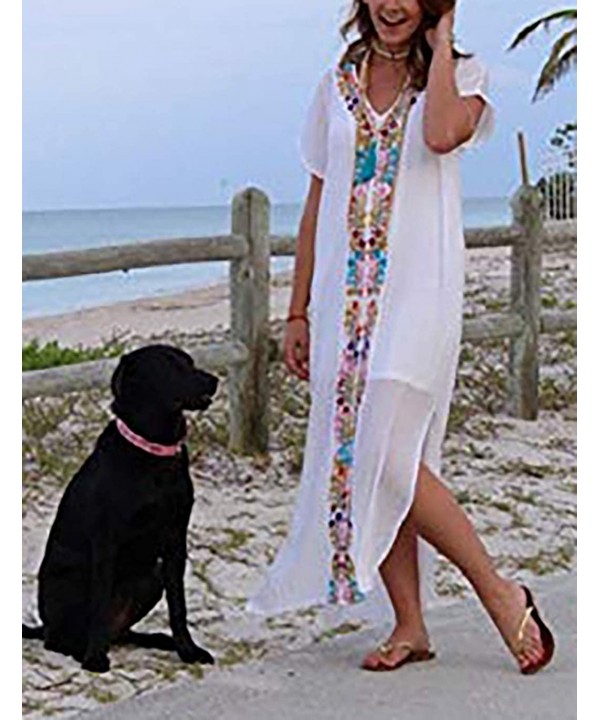 Women Casual Embroidered Bikini Swimsuit Cover Up Holiday Beach Long Dresses - White - CV1935YZD0L $16.83-Cover-Ups