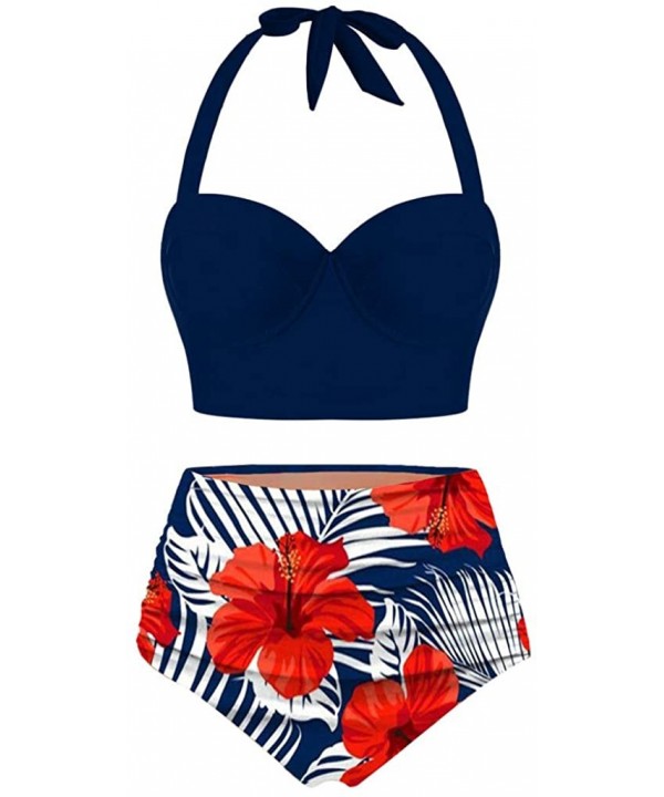 Bathing Suit Women Halter Sunflower Print High Waist Crop Tops Two Piece Swimwear Tummy Control Beach Swimsuits Navy - CV196D...