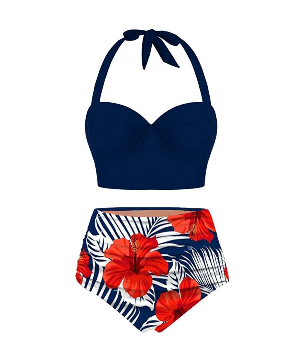 Bathing Suit Women Halter Sunflower Print High Waist Crop Tops Two Piece Swimwear Tummy Control Beach Swimsuits Navy - CV196D...