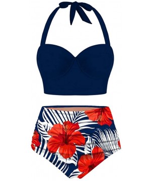 Bathing Suit Women Halter Sunflower Print High Waist Crop Tops Two Piece Swimwear Tummy Control Beach Swimsuits Navy - CV196D...