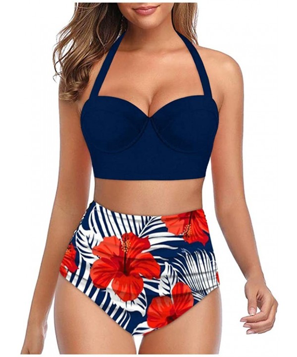 Bathing Suit Women Halter Sunflower Print High Waist Crop Tops Two Piece Swimwear Tummy Control Beach Swimsuits Navy - CV196D...