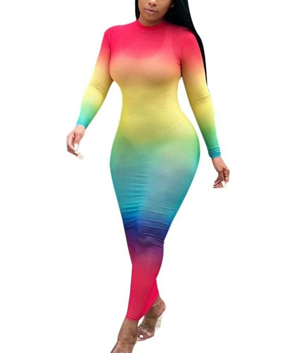 Women Sexy Long Sleeve Rainbow Sheer Mesh Bodycon Bikini Cover Up Dress - A1 Colorblock Red - CJ196ED4LUY $17.74-Cover-Ups