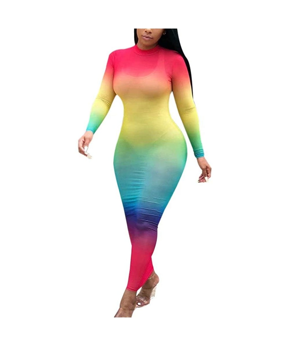 Women Sexy Long Sleeve Rainbow Sheer Mesh Bodycon Bikini Cover Up Dress - A1 Colorblock Red - CJ196ED4LUY $17.74-Cover-Ups