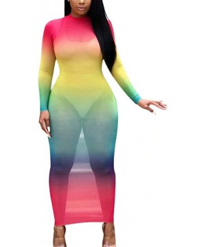 Women Sexy Long Sleeve Rainbow Sheer Mesh Bodycon Bikini Cover Up Dress - A1 Colorblock Red - CJ196ED4LUY $17.74-Cover-Ups