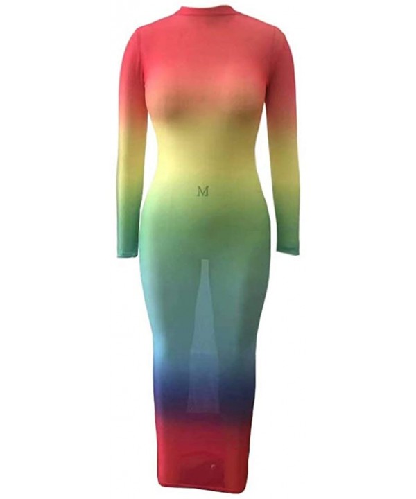 Women Sexy Long Sleeve Rainbow Sheer Mesh Bodycon Bikini Cover Up Dress - A1 Colorblock Red - CJ196ED4LUY $17.74-Cover-Ups