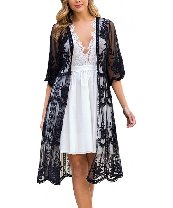 Women's Lace Cardigan Floral Crochet Sheer Beach Cover Ups Long Kimono - Y-black - C5192QNURX2 $24.90-Cover-Ups