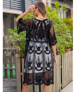 Women's Lace Cardigan Floral Crochet Sheer Beach Cover Ups Long Kimono - Y-black - C5192QNURX2 $24.90-Cover-Ups