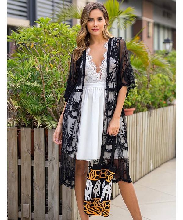 Women's Lace Cardigan Floral Crochet Sheer Beach Cover Ups Long Kimono - Y-black - C5192QNURX2 $24.90-Cover-Ups