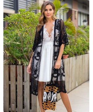 Women's Lace Cardigan Floral Crochet Sheer Beach Cover Ups Long Kimono - Y-black - C5192QNURX2 $24.90-Cover-Ups