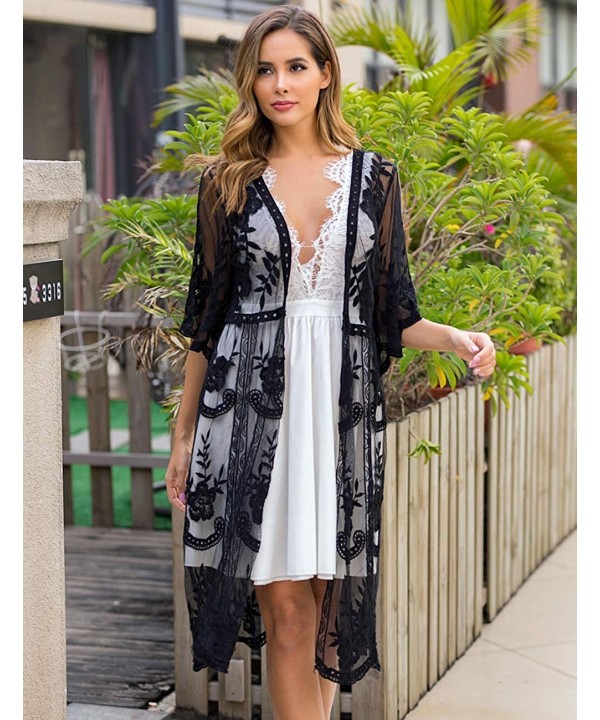 Women's Lace Cardigan Floral Crochet Sheer Beach Cover Ups Long Kimono - Y-black - C5192QNURX2 $24.90-Cover-Ups