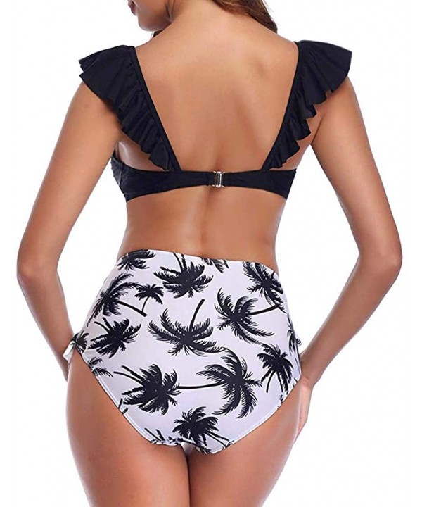 Women's Ruffle Two Piece Bikini Flounce Top with High Waisted Tummy Control Bottom Cute Vintage Swimsuits 03 Black - CZ194MSC...