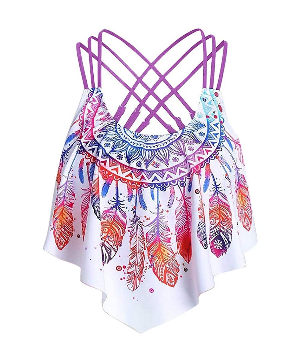 Women Overlay Flounce Crisscross Tankini Feather Print Strappy Padded Swim Top - Purple - CZ199MY0Z7M $10.10-Tops