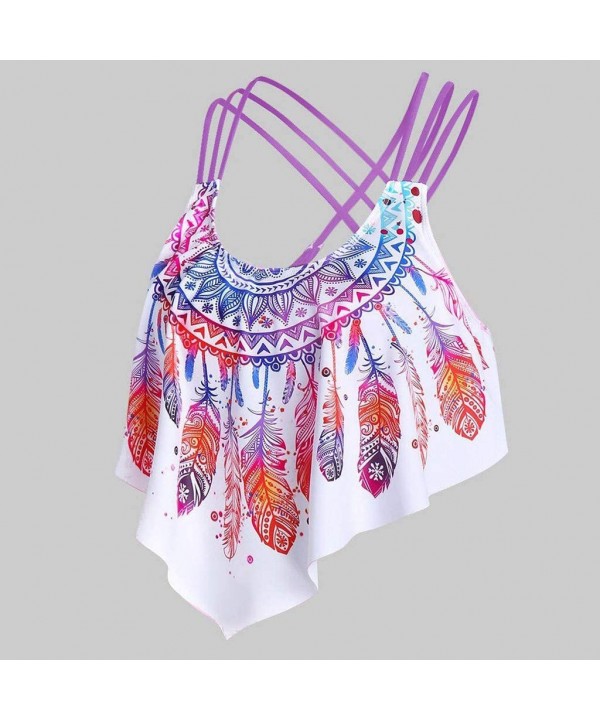 Women Overlay Flounce Crisscross Tankini Feather Print Strappy Padded Swim Top - Purple - CZ199MY0Z7M $10.10-Tops