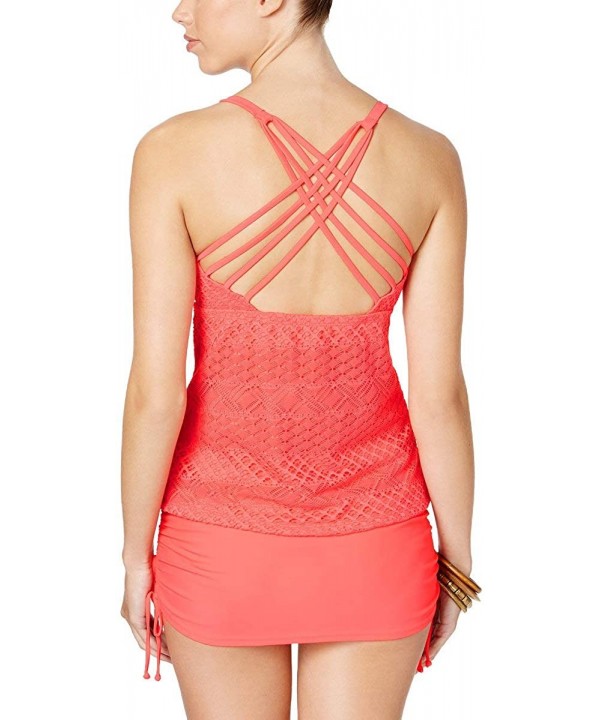 Women's Sky Crochet Strappy Tankini Top - Coral - CO18327H430 $23.44-Tops