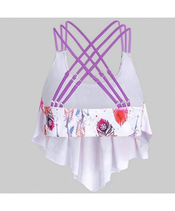 Women Overlay Flounce Crisscross Tankini Feather Print Strappy Padded Swim Top - Purple - CZ199MY0Z7M $10.10-Tops