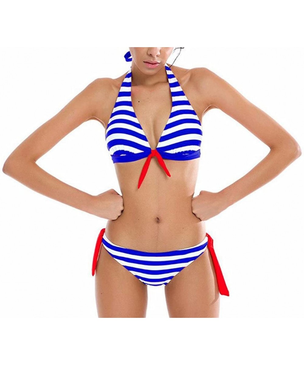 Women Bikini Set- Women's Striped Bandage Two-Piece Swimsuit Bikini Set Swimwear Beachwear Bathing Suit - Blue - CN183N8G506 ...