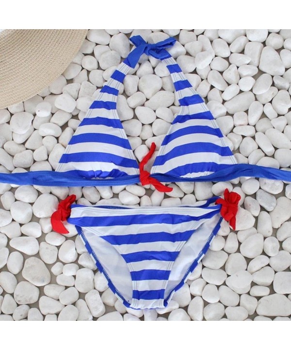 Women Bikini Set- Women's Striped Bandage Two-Piece Swimsuit Bikini Set Swimwear Beachwear Bathing Suit - Blue - CN183N8G506 ...