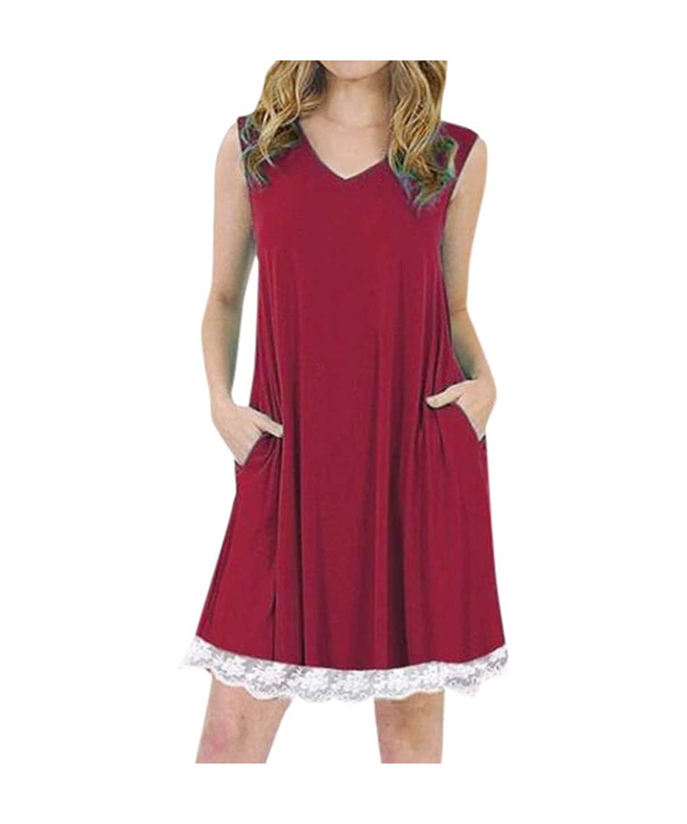 Women's Summer Sleeveless Halter Neck Lace Solid Color Loose Mini Dress - Wine - CC18TXIM89K $8.83-Rash Guards