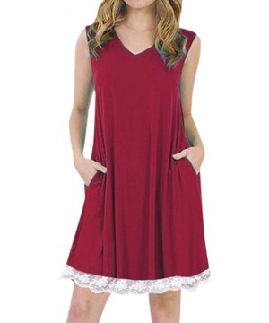 Women's Summer Sleeveless Halter Neck Lace Solid Color Loose Mini Dress - Wine - CC18TXIM89K $8.83-Rash Guards