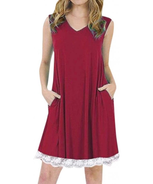 Women's Summer Sleeveless Halter Neck Lace Solid Color Loose Mini Dress - Wine - CC18TXIM89K $8.83-Rash Guards