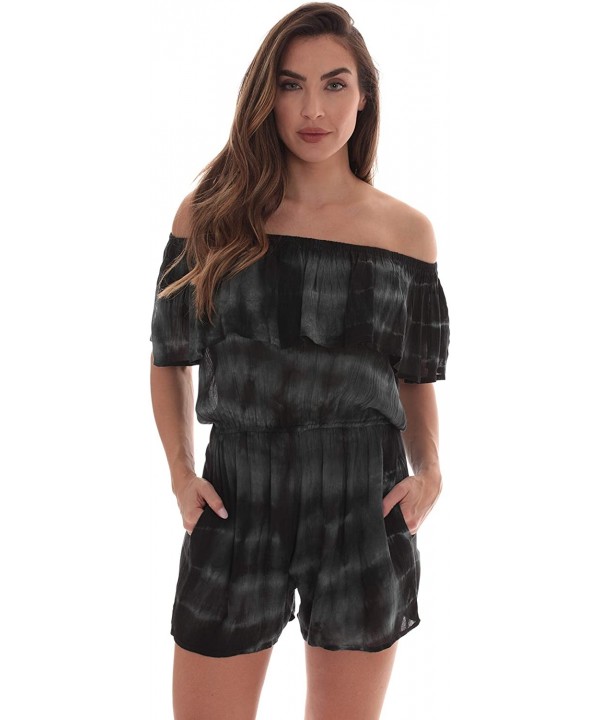 Tie Dye Off Shoulder Romper for Women Beach Swim Suit Cover Up - Black - CW18I6SMRZ8 $11.44-Cover-Ups