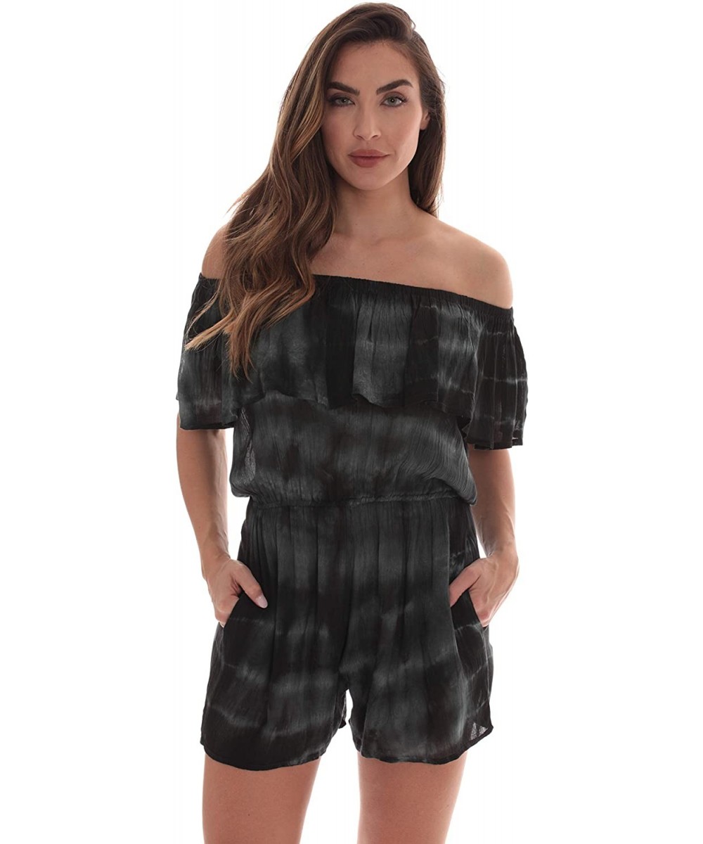 Tie Dye Off Shoulder Romper for Women Beach Swim Suit Cover Up - Black - CW18I6SMRZ8 $11.44-Cover-Ups