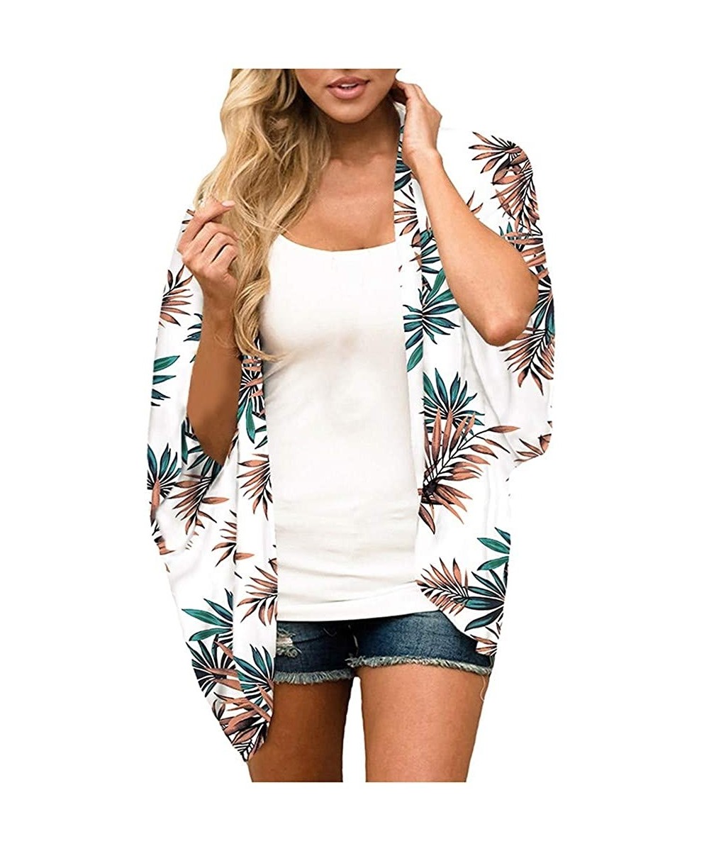 Women Floral Kimono Cardigans Chiffon Casual Loose Open Front Cover Up Tops Kimono - G White - CI19CH4DIU6 $51.06-Cover-Ups