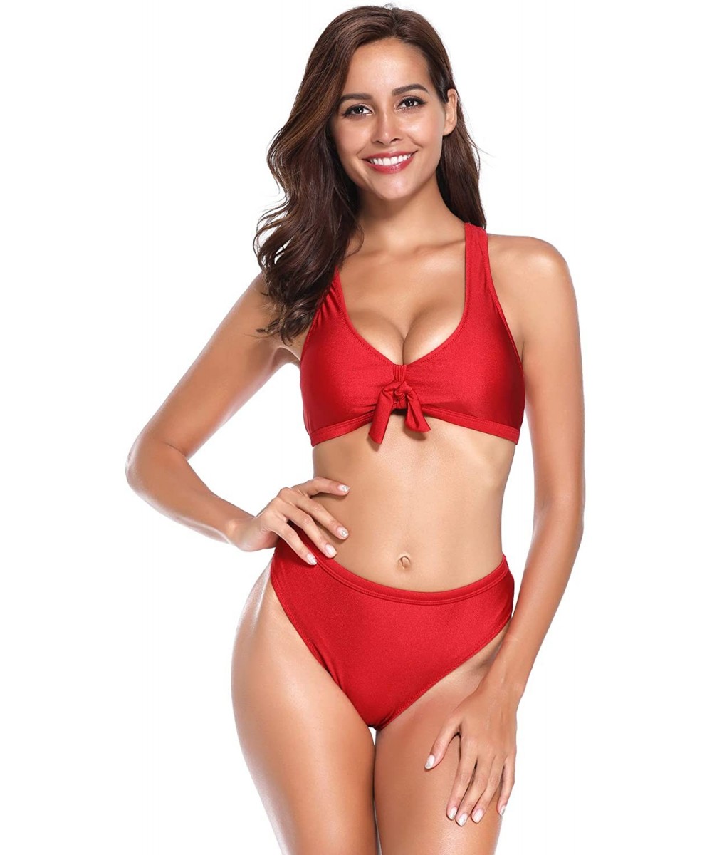 Women Two Piece Swimsuit Crop Top High Waisted Bikini Set Sports Style - Red - CE18G77ADCY $24.86-Sets