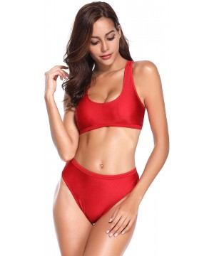 Women Two Piece Swimsuit Crop Top High Waisted Bikini Set Sports Style - Red - CE18G77ADCY $24.86-Sets