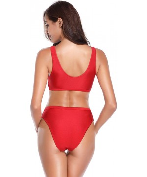 Women Two Piece Swimsuit Crop Top High Waisted Bikini Set Sports Style - Red - CE18G77ADCY $24.86-Sets