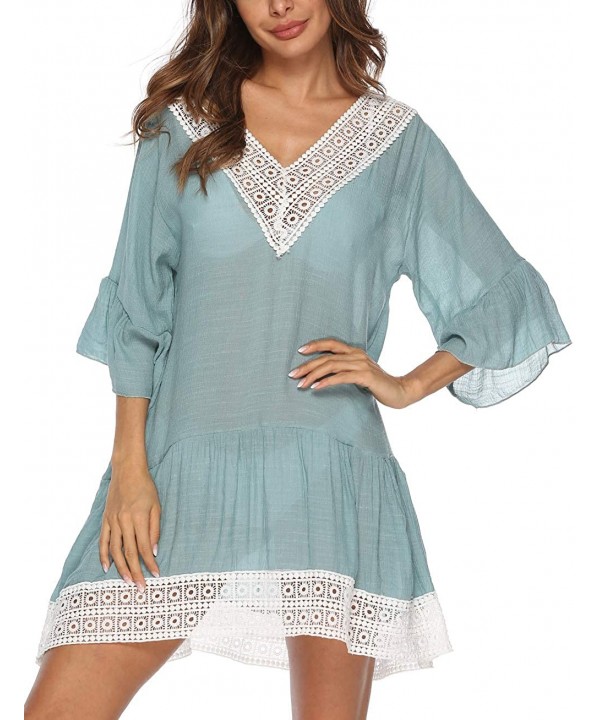 Womens Sexy V Neck Half Sleeve Lace Chiffon Beach Cover Up Sheer Bikini Coverup Dress - CV18N89906D $17.97-Cover-Ups