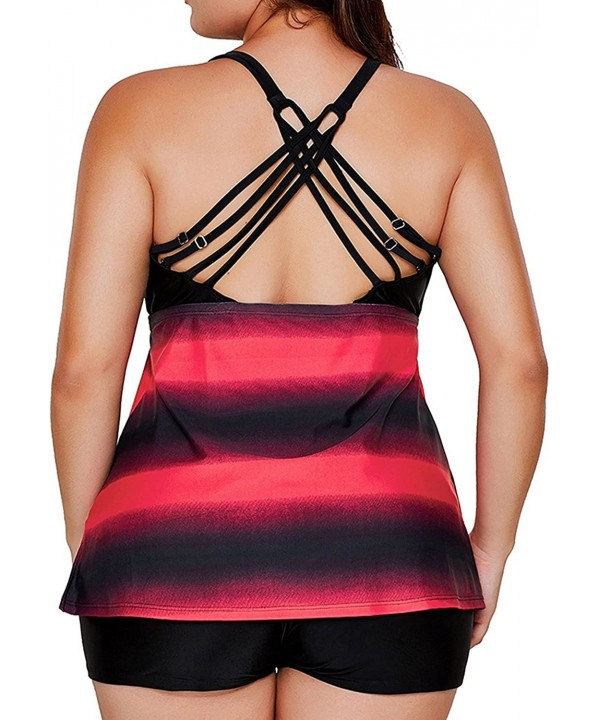 Women's Open Back Color Block Striped Tankini Set with Boyshort - Red - CG180I3SUMG $25.21-Tankinis