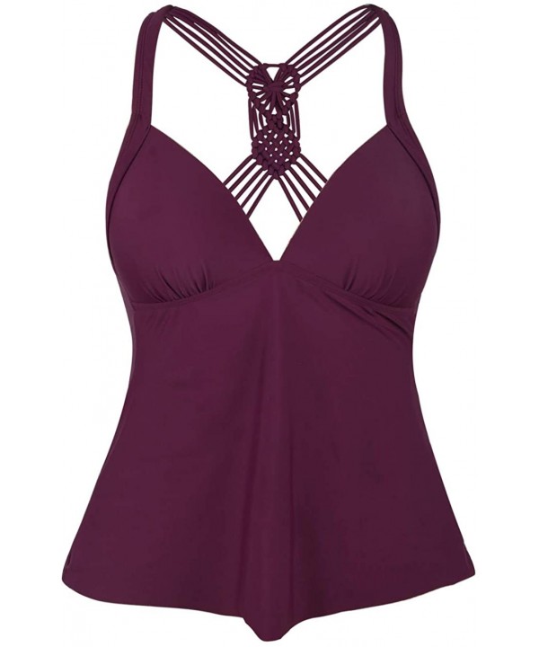 Women's Macrame Back Tankini Swimsuit Flowy Swimwear V Neck Swim Top - Burgundy - CC18MGA0E5Z $26.30-Tankinis