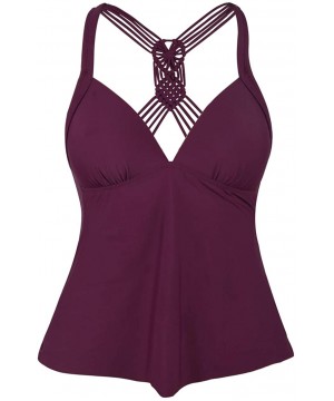 Women's Macrame Back Tankini Swimsuit Flowy Swimwear V Neck Swim Top - Burgundy - CC18MGA0E5Z $26.30-Tankinis