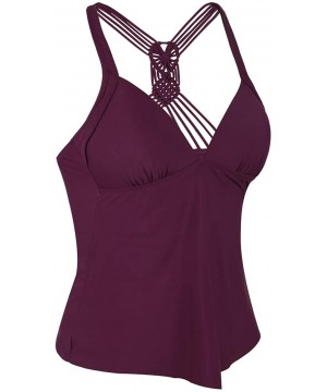 Women's Macrame Back Tankini Swimsuit Flowy Swimwear V Neck Swim Top - Burgundy - CC18MGA0E5Z $26.30-Tankinis