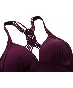 Women's Macrame Back Tankini Swimsuit Flowy Swimwear V Neck Swim Top - Burgundy - CC18MGA0E5Z $26.30-Tankinis