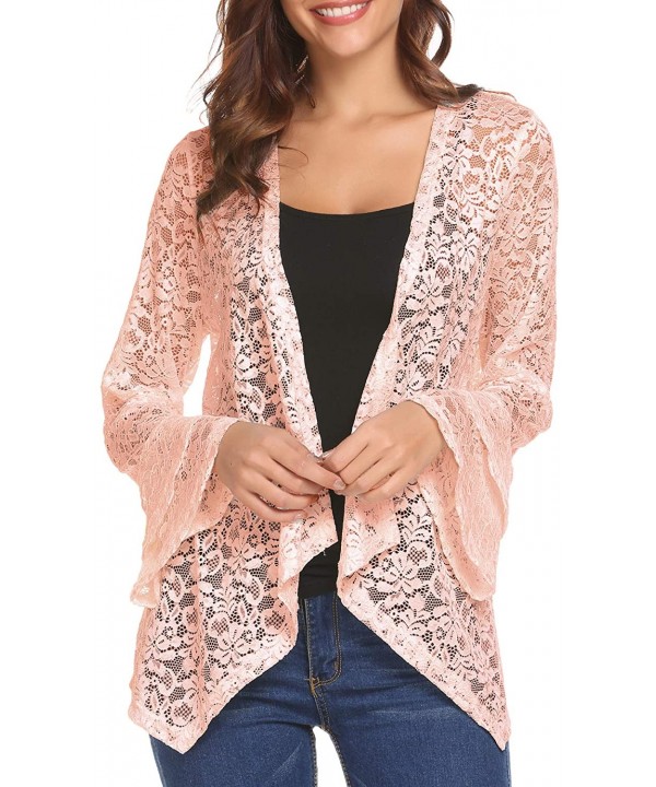 Women's Bell Sleeve Open Front Cardigans Lace Crochet Loose Casual Cover Up - Nude - C818S08H3YO $19.48-Cover-Ups